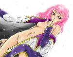 1girl anya_alstreim blush bottomless coat code_geass looking_at_viewer midriff navel no_bra oekaki open_clothes open_coat pink_hair purple_eyes simple_background solo standing stomach white_background