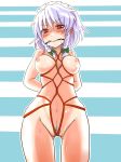 1girl arms_behind_back bdsm blush bondage bound braid breasts crotch_rope female gag gagged high_res highres izayoi_sakuya maid_headdress nipples nude pubic_hair red_eyes rope sakuya_izayoi shibari short_hair silver_hair solo the_embodiment_of_scarlet_devil touhou twin_braids wakie