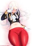 1girl 1girl big_breasts blush cameltoe covering_face edelgard_von_hresvelg embarrassed female_focus female_only fire_emblem fire_emblem:_three_houses leggings long_hair nintendo pantyhose partially_visible_vulva pussy solo_female solo_focus tagme tight_clothing tofuubear video_game_character video_game_franchise white_hair