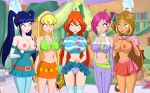  5girls big_breasts bloom breasts clothed exposed_breasts exposing_breasts flora hypnotized jimryu jimryu_(artist) mind_control multiple_girls musa nipples no_bra panties skirt skirt_lift standing stella tecna winx_club 