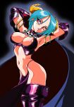  1girl armpits arms_up breasts cape carrera cleavage_cutout collar demon demon_girl elbow_gloves gloves green_hair halter_top halterneck highres horns jewelry large_breasts nipple_slip nipples red_eyes skull solo succubus thighhighs viper viper_gts viper_v6 