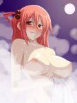 1girl bad_id blush breasts breasts_apart female fog hair_bobbles hair_ornament huge_breasts komachi_onozuka mist moon night nipples nude onozuka_komachi red_hair short_hair solo steam touhou towel tro wet