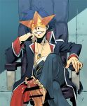  1boy bar_censor barefoot blue_hair censor_bar censored crossed_legs drill feet footjob jacket jirou_(ever) legs_crossed male male_focus penis pov simon sitting smile solo star_shades sunglasses tengen_toppa_gurren-lagann yaoi 