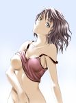 1girl bare_shoulders big_breasts bottomless breast_slip breasts brown_hair eyeliner green_eyes high_res highres large_breasts makeup navel nipples no_bra no_panties old-one one_breast_out open_mouth original shirt_lift short_hair solo strap_slip tank_top wavy_hair wind windy