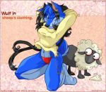  2003 blue_fur canine captain_chlamydia cute female furry jen_seng jen_seng_(artist) kneel kneeling one_eye_closed original sheep solo spunky_(character) sweater thong torn_clothing wink wolf wool_(fur) 