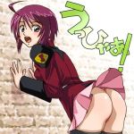 1girl against_wall ahoge ass from_behind grey_eyes gundam gundam_seed gundam_seed_destiny haruyama haruyama_kazunori looking_back lowres lunamaria_hawke no_panties open_mouth purple_hair short_hair skirt skirt_lift solo thighhighs uniform upskirt