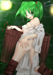 1girl ass bare_shoulders blush bucket budget_sarashi female green_eyes green_hair hair_bobbles hair_ornament japanese_clothes kanna211 kantarou_(nurumayutei) kisume kneeling looking_back maebari nude sandals sarashi solo tears touhou twintails wink