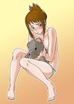  ahmey barefoot blush brown_hair druaga_no_tou misnon_the_great panties stuffed_animal stuffed_toy teddy_bear the_aegis_of_uruk the_tower_of_druaga topless underwear yellow_eyes 