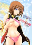  1girl blue_eyes blush breasts brown_hair hair_ornament hayate_yagami highres lyrical_nanoha mahou_shoujo_lyrical_nanoha mahou_shoujo_lyrical_nanoha_strikers navel panties shirt_lift short_hair soba_(saz) solo underboob underwear x_hair_ornament yagami_hayate 