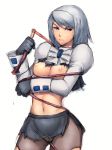  1girl ace_attorney breasts capcom franziska_von_karma fumio_(rsqkr) gloves humio karuma_mei nipples no_bra pantyhose short_hair silver_hair simple_background solo sweatdrop torn_clothes torn_pantyhose whip white_background 