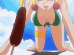 1girl beach bikini blonde_hair bracelet breasts chocolate chocolate_banana earrings eiken eiken_eikenbu_yori_ai_wo_komete fellatio gif grace_lin hair huge_breasts jewelry large_breasts lowres oral outdoors outside popsicle sexually_suggestive slut solo swimsuit