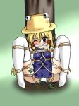 1girl bdsm blush bondage bound cleave_gag cleavegag cloth_gag female frog frogs frogtie gag gagged hat improvised_gag lili_(artist) lilish moriya_suwako pyonta rope shibari shibari_over_clothes solo sweat thighhighs touhou