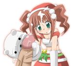  1boy 1girl brown_hair censored christmas cum cum_on_body cum_on_clothes cum_on_hair cum_on_upper_body facial green_eyes hand_puppet handjob hat holly idolmaster midriff mistletoe penis pov puppet puppets santa_hat solo solo_focus takatsuki_yayoi twintails yayoi_takatsuki yoshiwo_(kanikama) yoshiwo_(pixiv27580) 