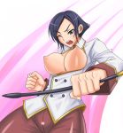 1girl big_breasts blue_eyes blue_hair breasts elisabeth_blanctorche elizabeth_blanchtorche king_of_fighters mature nipples no_bra one_eye_closed riding_crop short_hair shunzou snk solo the_king_of_fighters whip wink