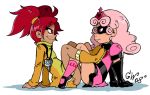 2girls bottomless bottomless_female green_wiggly mask pink_hair professor_princess purple_eyes red_eyes red_hair sari_sumdac scissoring transformers transformers_animated