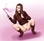 1girl bottomless female female_only ginny_weasley harry_potter no_panties partially_clothed pussy sassafras socks solo wand