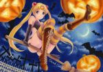  1girl acrylic_paint_(medium) bat bishoujo_senshi_sailor_moon black_gloves blonde_hair blue_eyes boots broom broom_riding colored_pencil_(medium) crescent_moon cross cross-laced_footwear double_bun elbow_gloves from_below gloves halloween jack-o&#039;-lantern leotard long_hair moon night pumpkin sailor_moon sarah_sauge sidesaddle signature striped striped_legwear thighhighs tiara traditional_media twintails usagi_tsukino 