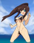 1girl arita_shion bad_id birdy_cephon_altirra birdy_the_mighty birdy_the_mighty_decode blue_eyes breasts brown_hair long_hair ocean one_eye_closed ponytail shion_arita shuuhei_(artist) shuuhei_(shoohey) sling_bikini solo swimsuit tetsuwan_birdy tetsuwan_birdy_decode wink