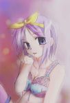  1girl blue_eyes bra cum eyebrows hiiragi_tsukasa jason_(kaiten_kussaku_kikou) jiei_son lingerie lucky_star purple_hair ribbon ribbons short_hair solo tsukasa_hiiragi underwear underwear_only 