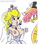  1boy 1girl blonde_hair blue_eyes bowser breasts bridal_veil dress erection exposed_breasts gloves imminent_fellatio imminent_oral long_gloves male/female penis princess_peach rage_grenade super_mario_bros. super_mario_odyssey wedding_dress white_background white_gloves 