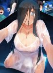 1boy 1girl all_fours black_hair breasts cleavage dress hair_over_one_eye huge_breasts long_hair looking_at_viewer no_bra no_panties pov see-through short_sleeves silver_eyes television the_ring water_drop wet wet_clothes wet_hair white_dress yamamura_sadako