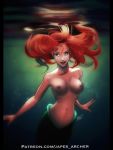 1girl blue_eyes breasts disney female female_only japes mermaid nude princess_ariel red_hair solo the_little_mermaid underwater