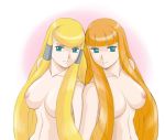 2girls aqua_eyes blonde_hair breasts dianna_soreil gundam kihel_heim long_hair multiple_girls nude orange_hair sabachiyo_land turn_a_gundam