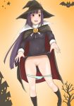  1girl blush cape cross halloween hat hentai_oyaji highres kannagi long_hair panties panty_pull pubic_hair pumpkin purple_hair pussy skirt skirt_lift solo uncensored underwear very_long_hair witch witch_hat zange 