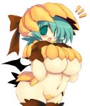 1girl bat_wings blush breasts crotch_plate food_themed_clothes gloves green_eyes green_hair halloween hat huge_breasts navel open_mouth original pointy_ears pumpkin revealing_clothes sakaki_(artist) sakaki_(noi-gren) short_hair simple_background skindentation solo thighhighs underboob white_background wings