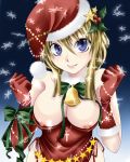  1girl agrias_oaks bare_shoulders bell blonde_hair blue_eyes breasts christmas elbow_gloves final_fantasy final_fantasy_tactics gloves hal_(goshujinomocha) hal_(haruna) hal_(pixiv53536) hat long_hair nipples red_gloves santa santa_costume santa_hat smile snowflakes solo 