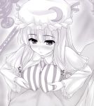 1girl blush breast_grab breasts cum grabbing hat long_hair monochrome paizuri paizuri_over_clothes patchouli_knowledge penis solo solo_focus touhou uni8