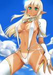  1girl bad_id bikini bikini_tan blonde_hair blush breasts bridal_gauntlets cloud cute dark_skin earring earrings elf from_below green_eyes hand_on_hip jewelry large_breasts long_hair looking_at_viewer original panties pochi-goya pochi_(pochi-goya) pointy_ears shiny shiny_skin sky sling_bikini smile solo stockings string_bikini sun swimsuit tan tan_line tanline thighhighs underwear white_legwear white_thighhighs 