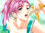 1girl 800x600 banana blush earrings fellalympic! food fruit game_cg holding holding_fruit jewelry lucha! open_mouth pink_hair ranko-san sexually_suggestive single_earring skyhouse solo star star_earrings teeth tongue