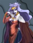 1girl breasts cape chrono_(series) chrono_trigger cleavage crown earrings erect_nipples jewelry long_hair lowres milf nipple_slip nipples pale_skin purple_eyes purple_hair queen_zeal sakata3 solo violet_eyes zeal