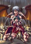  2girls barefoot bat_wings candle demon_girl demon_wings feet green_hair horns long_hair man_(trance) multiple_girls original original_character pointy_ears silver_hair skull wings yellow_eyes 