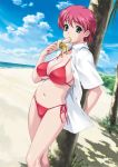 1girl aqua_eyes banana beach bikini breasts cloud curvy eating food fruit game_cg green_eyes happoubi_jin highres holding holding_fruit huge_breasts iihara_nao mountain navel open_clothes open_shirt pink_hair red_bikini resort_boin sand shadow shirt short_hair side-tie_bikini sky solo standing swimsuit tree water