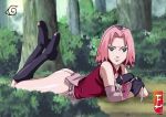 1girl ass boots bottomless bush elbow_pads female_only forehead_protector gloves green_eyes hotdesigns2 konohagakure_symbol legs looking_at_viewer lying miniskirt naruto on_stomach outside panties pink_hair sakura_haruno short_hair skirt solo solo_female toeless_legwear tree underwear