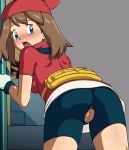 1girl anus ass bent_over blue_eyes blush clothed edit female female_human female_only haruka_(pokemon) looking_back may_(pokemon) open_mouth pokemon pussy shorts solo solo_female the_dark_mangaka torn_shorts