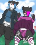 1girl age_difference anthro bear belt blue_eyes blue_hair blush breasts brother bulge cargo_shorts clothed clothing cloud crossdressing daenordus day deven_zhiqiang_(daenordus) ear_piercing facial_piercing fur furry girly hair high_res jacket kaenidi kenumi_zhiqiang_(daenordus) legwear lip_piercing male mammal navel navel_piercing nose_piercing nose_ring older_female original outside painted_claws panda panties piercing pink_hair purple_eyes shirt shorts sibling sister size_difference skirt sky stockings striped_legwear striped_panties striped_stockings stripes tank_top tomboy underwear upskirt younger_male