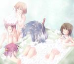  4girls bad_id bath between_breasts breasts brown_hair closed_eyes folded_ponytail hair hayate_yagami kago_no_tori kagonotori long_hair lyrical_nanoha mahou_shoujo_lyrical_nanoha mahou_shoujo_lyrical_nanoha_a&#039;s mahou_shoujo_lyrical_nanoha_strikers multiple_girls nude one_eye_closed reinforce_zwei shamal short_hair signum vita wink yagami_hayate zafira 