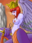 1girl baal_(megami_tensei) big_breasts big_tongue blue_skin blush breasts brown_eyes crown lamia long_tongue masturbation monster_girl nipples no_arms purple-bonus purple_bonus pussy_juice red_eyes red_hair scales shin_megami_tensei sky solo supon sword tongue weapon wings