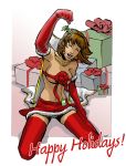 brown_hair brunette christmas dc_comics elbow_gloves gloves happy_holidays kneeling mary_marvel mistletoe stockings