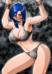  1girl armpit_hair armpits armpits_hair arms_up black_bra black_panties blue_eyes blue_hair blush bra breasts chains city_hunter cleavage large_breasts looking_at_viewer navel nightmare_express nipples nogami_saeko panties saeko saeko_nogami see-through short_hair solo standing sweat tied_up underwear 