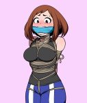 arms_behind_back bondage cleave_gag gag jam_orbital my_hero_academia ochako_uraraka orange_eyes orange_hair rope