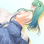  back blush breasts detached_sleeves female gradient gradient_background green_eyes green_hair kochiya_sanae long_hair nekonote nekonote_(nekono_paraiso) sanae_kochiya snake solo topless touhou undressing 