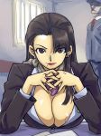  1boy 1girl ace_attorney areola areola_slip areolae ayasato_chihiro big_breasts breasts brown_eyes brown_hair capcom cleavage earrings hands_clasped interlocked_fingers jewelry lipstick magatama mia_fey michael michael_f91 milf mole naruhodou_ryuuichi nipple nipple_slip nipples phoenix_wright stare staring steepled_fingers 