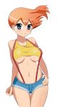 1girl alluring big_breasts blue_eyes blush breasts half-shirt halubato hand_on_hip harubato highres looking_at_viewer misty orange_hair pokemon smile solo suspenders thigh_gap thighs underboob wide_hips