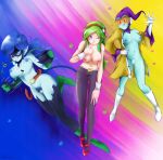 3_girls alien blue_hair blue_nipples blue_skin brianne_de_chateau dragon_ball dragon_ball_super flatpancakes green_hair heart jacket_open kakunsa leaning_forward medium_breasts orange-tinted_eyewear pubic_hair pussy_hair ribrianne rozie sanka_ku simple_background su_roas tinted_eyewear torn_clothes visor wink winking_at_viewer