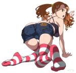 1girl :o all_fours anjou_naruko ano_hi_mita_hana_no_namae_wo_bokutachi_wa_mada_shiranai. ass brown_eyes brown_hair denim earrings feet female_only foreshortening from_behind hair_ornament hairclip high_res jewelry long_hair looking_back no_shoes revision short_shorts shorts simple_background solo_female star stockings striped striped_legwear suna twin_tails white_background