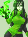  1girl black_hair bodysuit breasts exaxuxer flame gloves green_background green_eyes green_hair kim_possible kuma_x light_smile lips lipstick makeup shego solo 